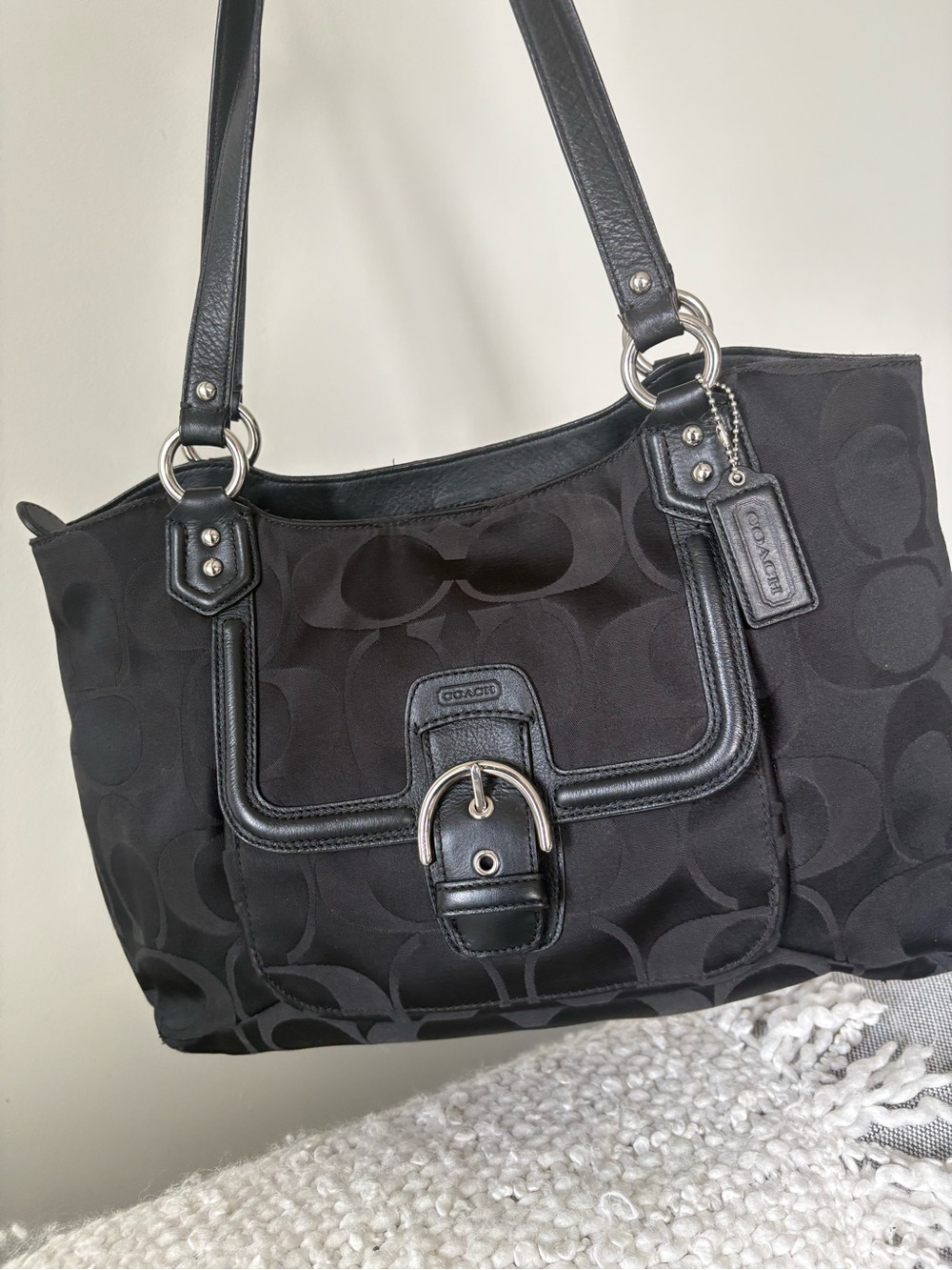 Coach Black Signature Jacquard Leather Buckle Tote Shoulder Bag Purse F25294